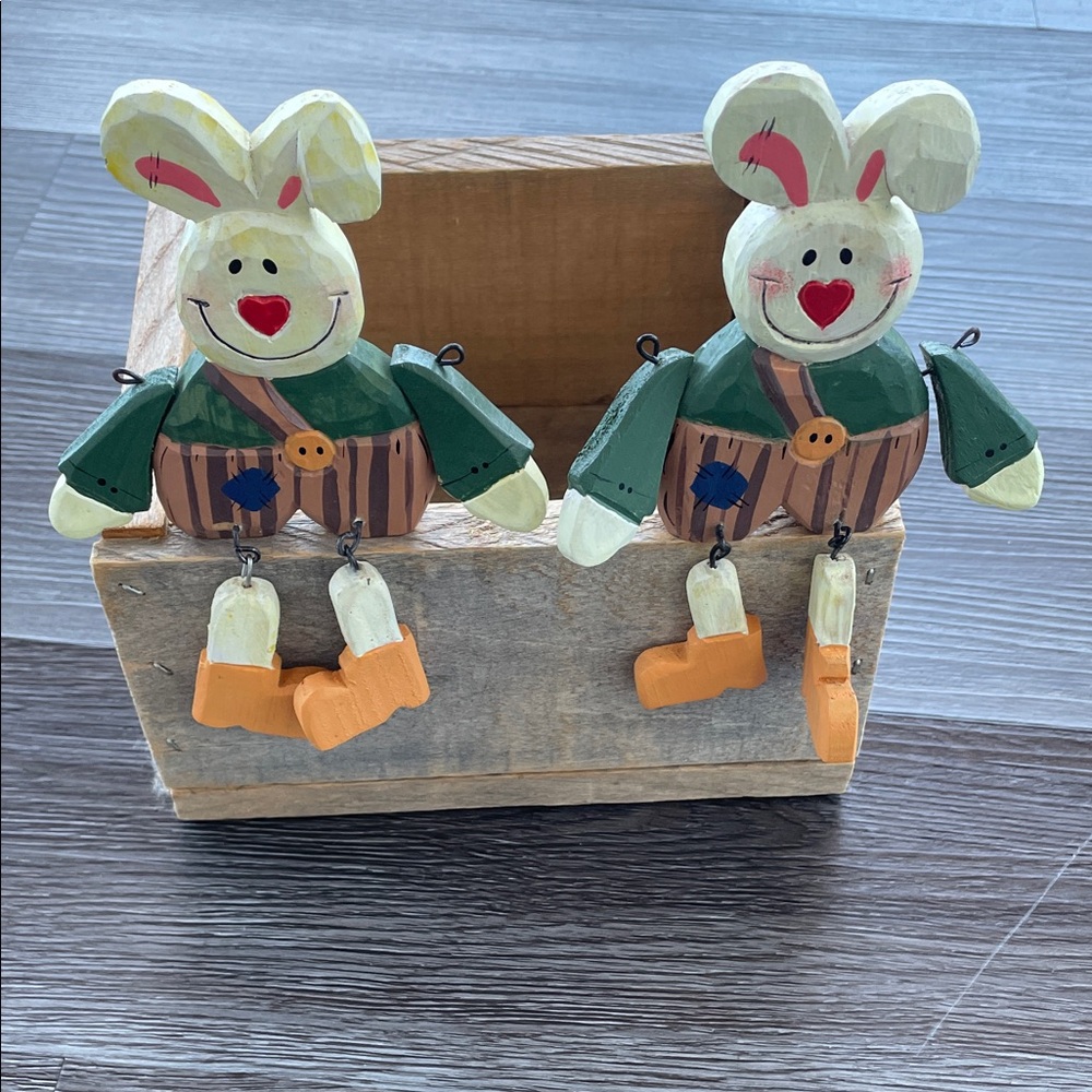 Wooden Easter Bunny Decor Hinged Limbs Set of Two Green and Brown Outfit